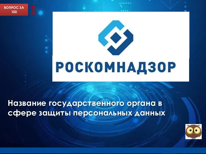 Название государственного органа в сфере защиты персональных данных ВОПРОС ЗА 100 1 Слайд с подсказкой