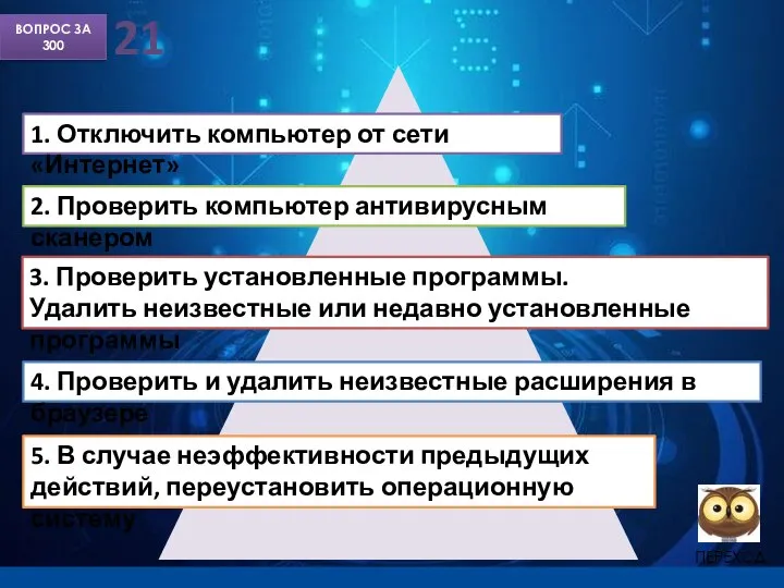 ВОПРОС ЗА 300 21 1. Отключить компьютер от сети «Интернет» 2.