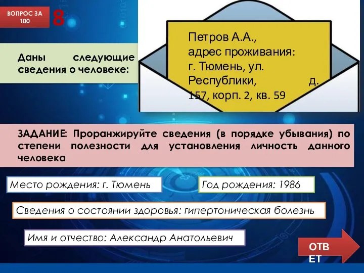 ВОПРОС ЗА 100 8 Даны следующие сведения о человеке: Место рождения: