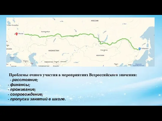 Проблемы очного участия в мероприятиях Всероссийского значения: - расстояние; финансы; проживание; сопровождение; пропуски занятий в школе.