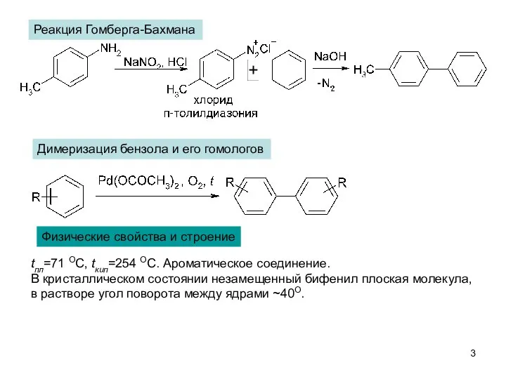 Реакция Гомберга-Бахмана Димеризация бензола и его гомологов Физические свойства и строение