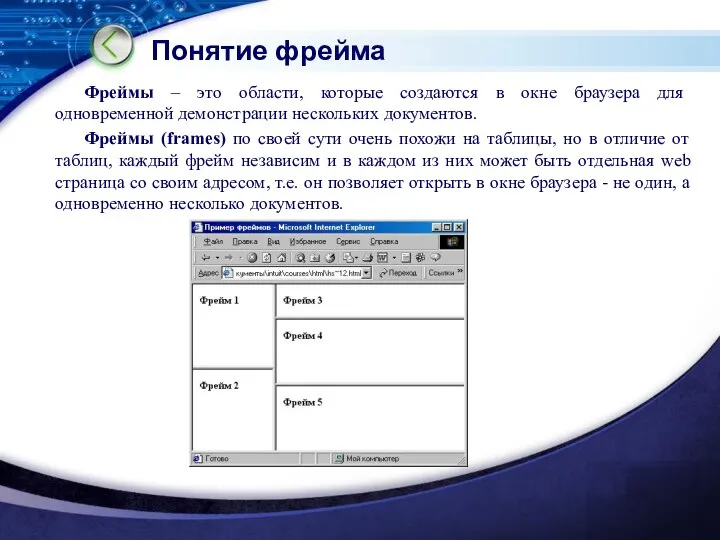 Понятие фрейма Фреймы – это области, которые создаются в окне браузера