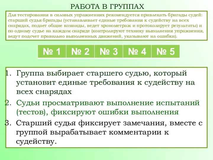 РАБОТА В ГРУППАХ Для тестирования в силовых упражнениях рекомендуется привлекать бригады