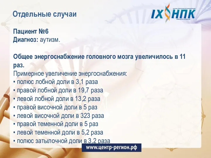 Отдельные случаи Пациент №6 Диагноз: аутизм. Общее энергоснабжение головного мозга увеличилось