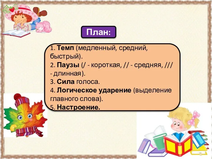 План: 1. Темп (медленный, средний, быстрый). 2. Паузы (/ - короткая,