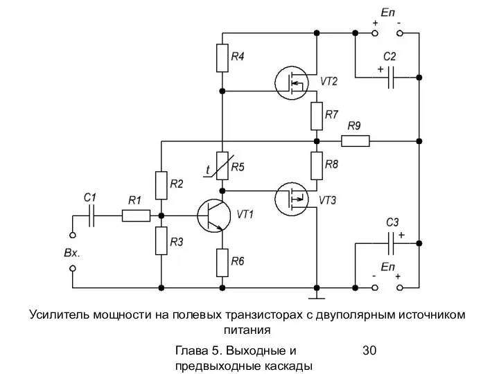 Глава 5. Выходные и предвыходные каскады Усилитель мощности на полевых транзисторах с двуполярным источником питания