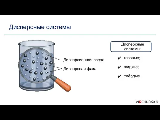 Дисперсные системы Дисперсная фаза Дисперсионная среда Дисперсные системы: газовые; жидкие; твёрдые.