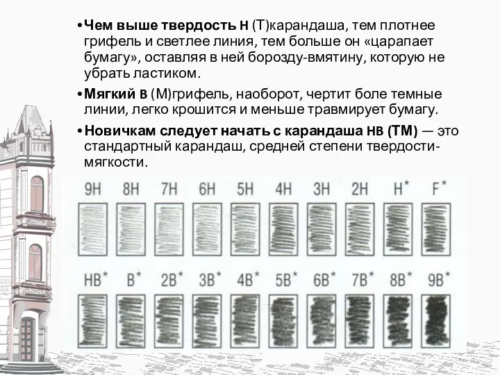 Чем выше твердость H (Т)карандаша, тем плотнее грифель и светлее линия,