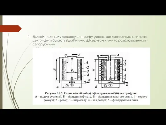 Відповідно до виду процесу центрифугування, що проводиться в апараті, центрифуги бувають відстійними, фільтрувальними та розділювальними -сепаруючими