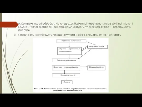 9. Контроль якості обробки. На спеціальній дільниці перевіряють якість хімічної чистки