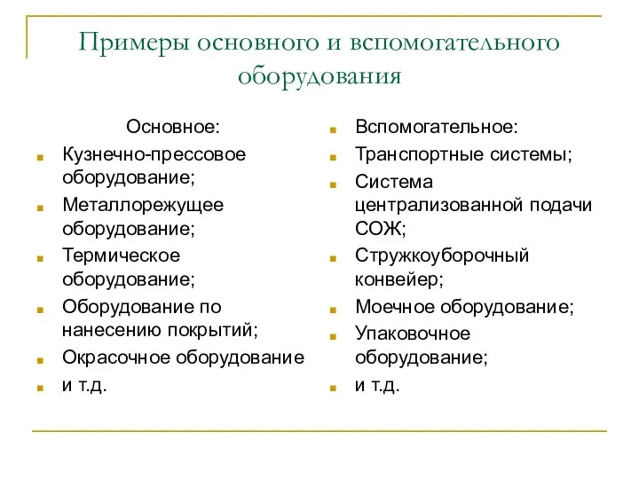 Примеры основного и вспомогательного оборудования Основное: Кузнечно-прессовое оборудование; Металлорежущее оборудование; Термическое