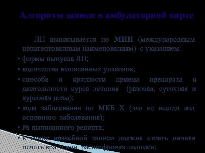 Алгоритм записи в амбулаторной карте ЛП выписывается по МНН (международным непатентованным