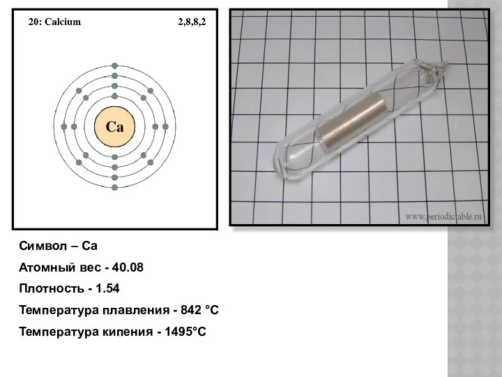 Символ – Ca Атомный вес - 40.08 Плотность - 1.54 Температура