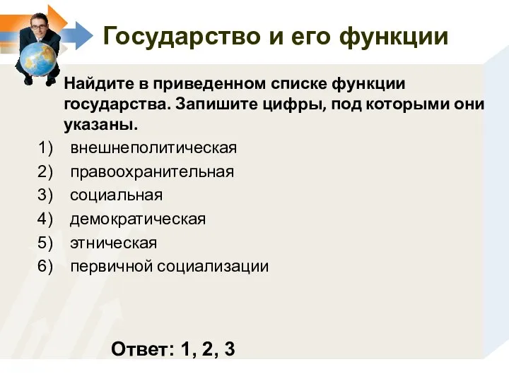 Государство и его функции Найдите в приведенном списке функции государства. Запишите