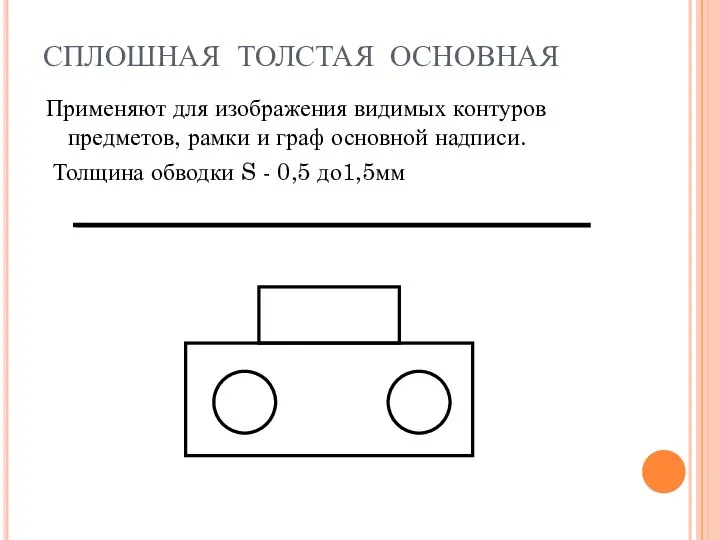 СПЛОШНАЯ ТОЛСТАЯ ОСНОВНАЯ Применяют для изображения видимых контуров предметов, рамки и