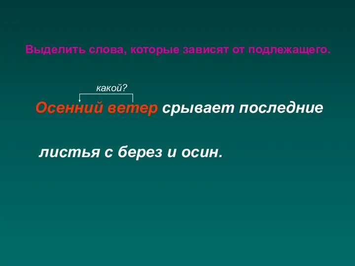 Выделить слова, которые зависят от подлежащего. какой? Осенний ветер срывает последние листья с берез и осин.