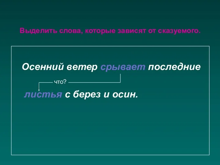 Выделить слова, которые зависят от сказуемого. Осенний ветер срывает последние что? листья с берез и осин.