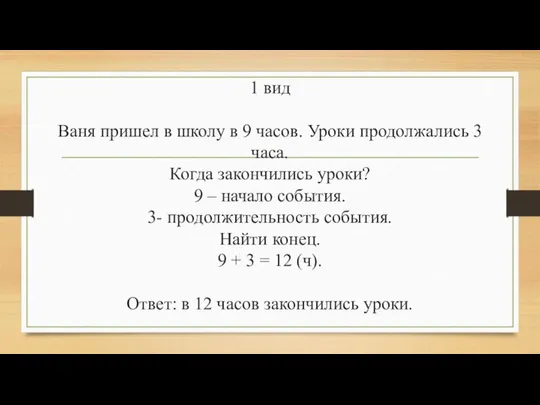 1 вид Ваня пришел в школу в 9 часов. Уроки продолжались