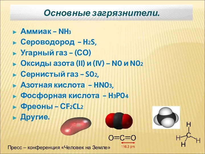 Основные загрязнители. Аммиак - NH3 Сероводород - H2S, Угарный газ -