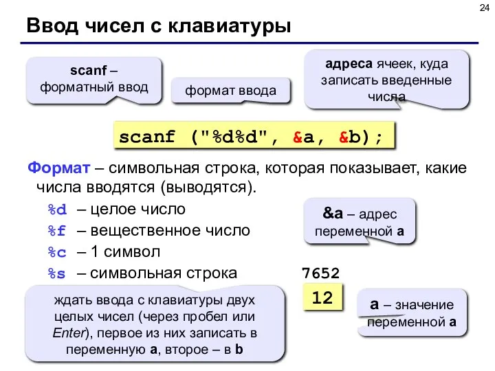 Ввод чисел с клавиатуры scanf ("%d%d", &a, &b); формат ввода scanf