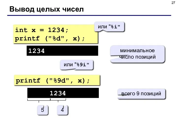 Вывод целых чисел int x = 1234; printf ("%d", x); 1234