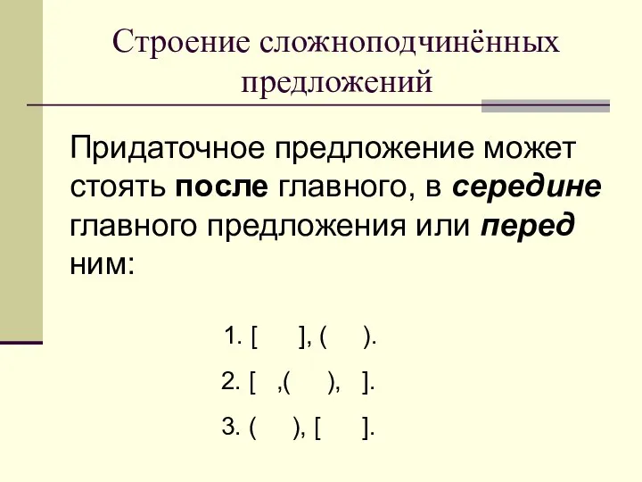 Строение сложноподчинённых предложений Придаточное предложение может стоять после главного, в середине