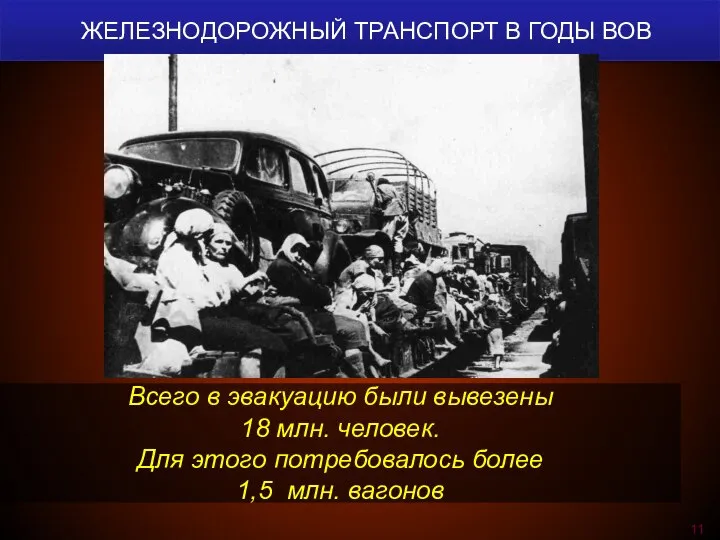 ЖЕЛЕЗНОДОРОЖНЫЙ ТРАНСПОРТ В ГОДЫ ВОВ Всего в эвакуацию были вывезены 18