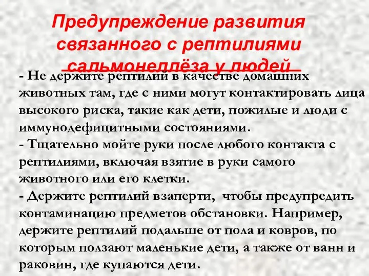 Предупреждение развития связанного с рептилиями сальмонеллёза у людей - Не держите