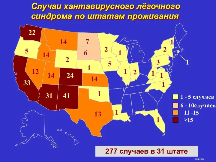 Случаи хантавирусного лёгочного синдрома по штатам проживания 33 31 41 24