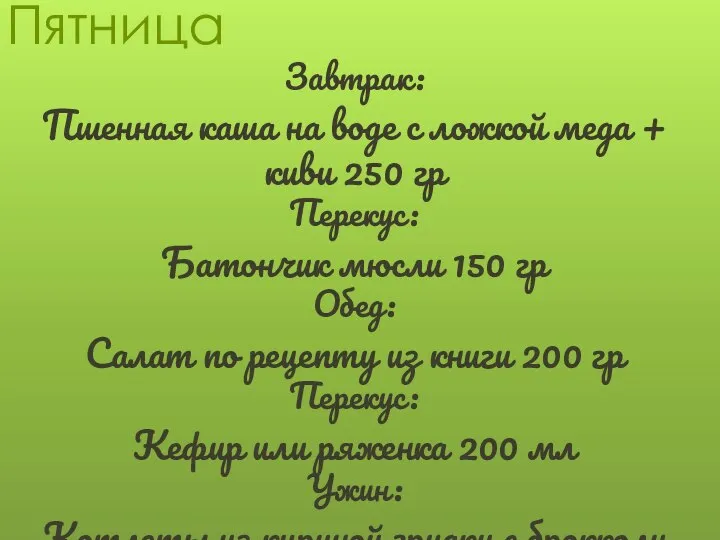 Пятница Завтрак: Пшенная каша на воде с ложкой меда + киви