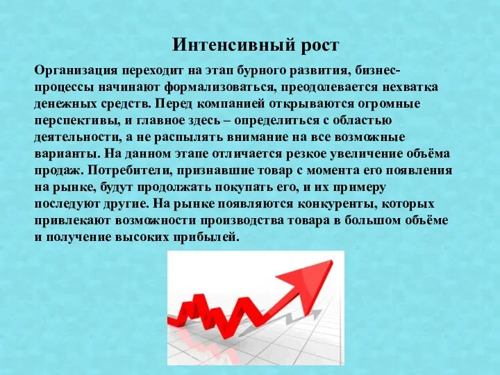 Организация переходит на этап бурного развития, бизнес-процессы начинают формализоваться, преодолевается нехватка