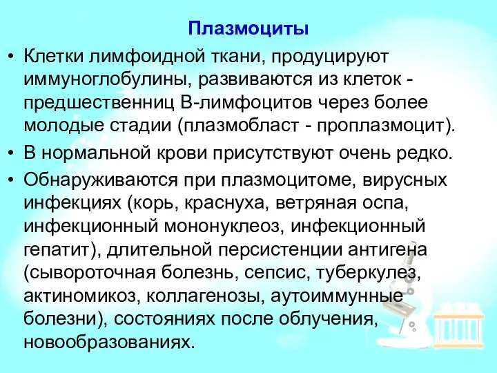 Плазмоциты Клетки лимфоидной ткани, продуцируют иммуноглобулины, развиваются из клеток - предшественниц