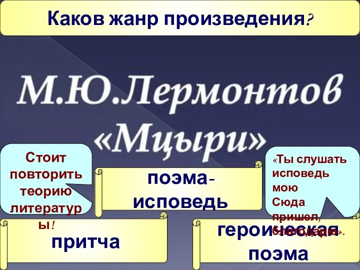 Каков жанр произведения? притча героическая поэма поэма-исповедь «Ты слушать исповедь мою