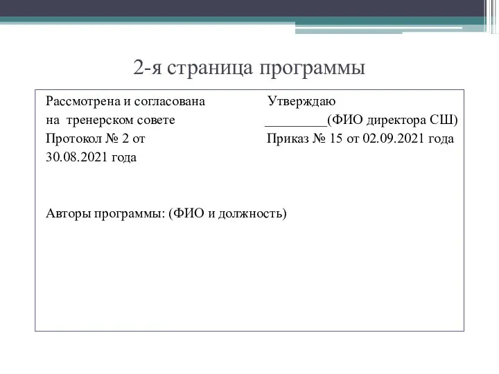 2-я страница программы Рассмотрена и согласована Утверждаю на тренерском совете _________(ФИО