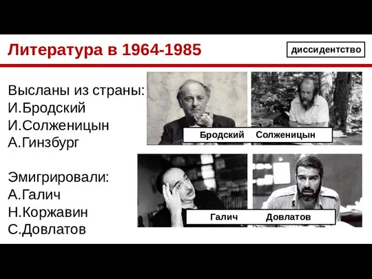 Литература в 1964-1985 Высланы из страны: И.Бродский И.Солженицын А.Гинзбург Эмигрировали: А.Галич