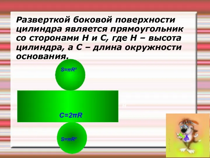 Разверткой боковой поверхности цилиндра является прямоугольник со сторонами Н и С,