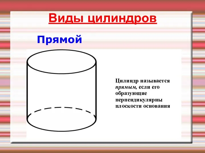 Прямой Цилиндр называется прямым, если его образующие перпендикулярны плоскости основания Виды цилиндров