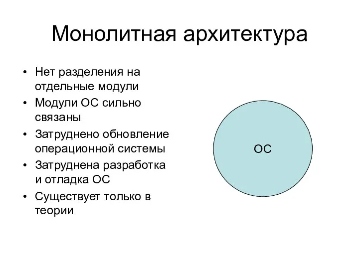 Монолитная архитектура Нет разделения на отдельные модули Модули ОС сильно связаны