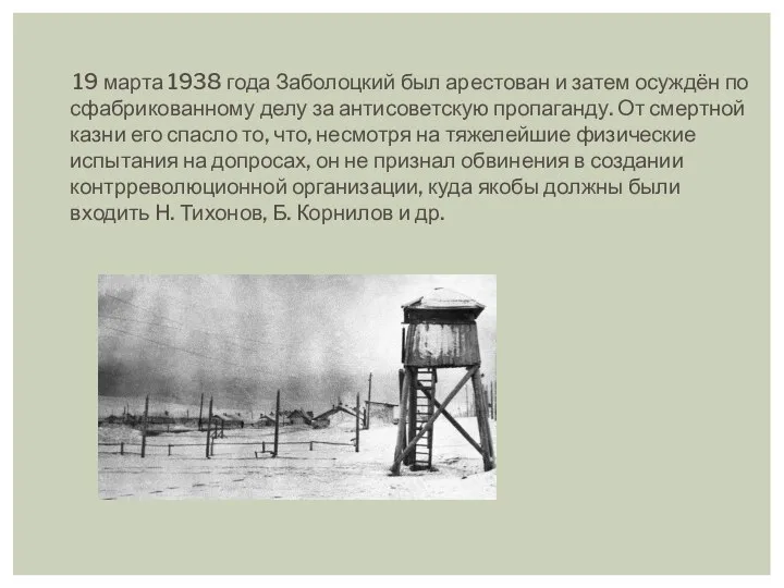 19 марта 1938 года Заболоцкий был арестован и затем осуждён по