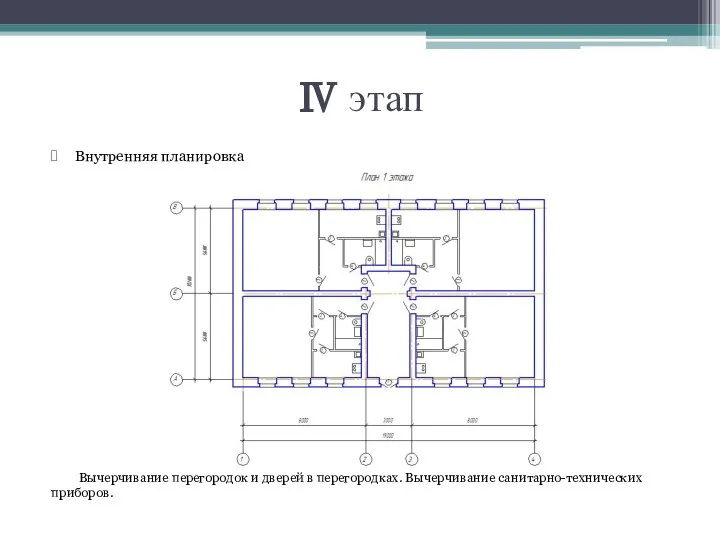 Ⅳ этап Внутренняя планировка Вычерчивание перегородок и дверей в перегородках. Вычерчивание санитарно-технических приборов.