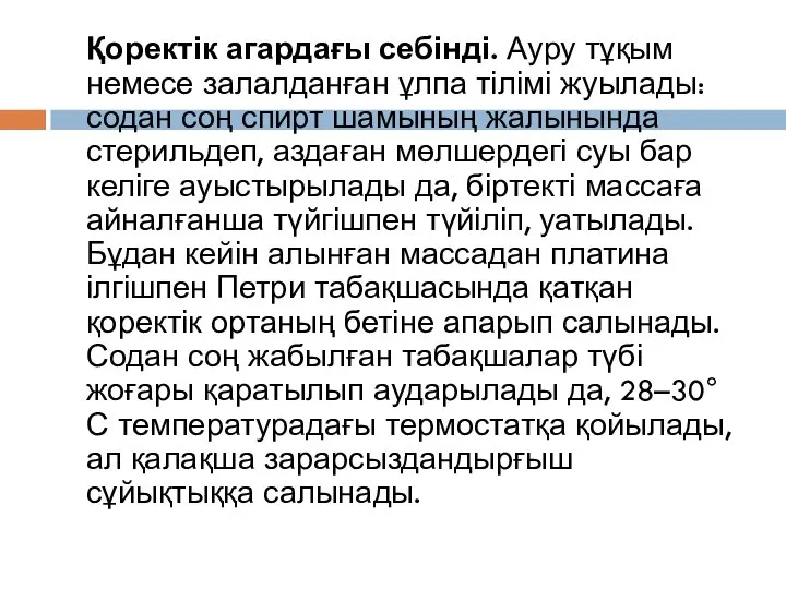 Қоректік агардағы себінді. Ауру тұқым немесе залалданған ұлпа тілімі жуылады: содан