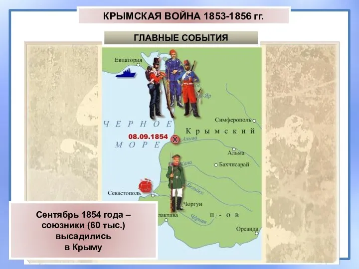 КРЫМСКАЯ ВОЙНА 1853-1856 гг. ГЛАВНЫЕ СОБЫТИЯ Сентябрь 1854 года – союзники (60 тыс.) высадились в Крыму