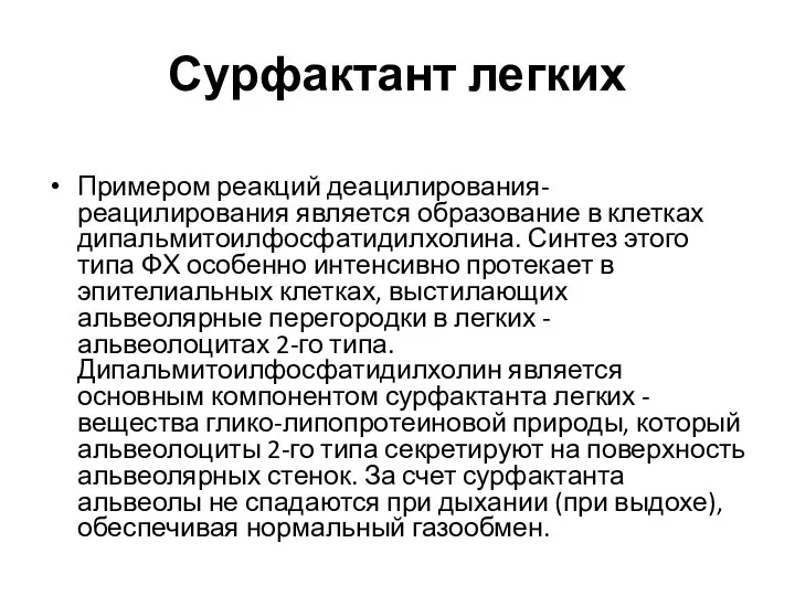 Сурфактант легких Примером реакций деацилирования-реацилирования является образование в клетках дипальмитоилфосфатидилхолина. Синтез