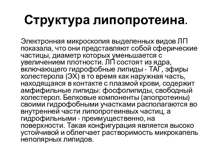 Структура липопротеина. Электронная микроскопия выделенных видов ЛП показала, что они представляют