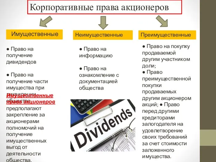 Имущественные Корпоративные права акционеров Неимущественные Преимущественные ● Право на получение дивидендов