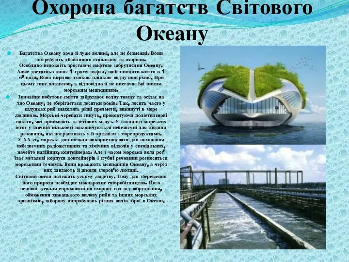 Охорона багатств Світового Океану Багатства Океану хоча й дуже великі, але