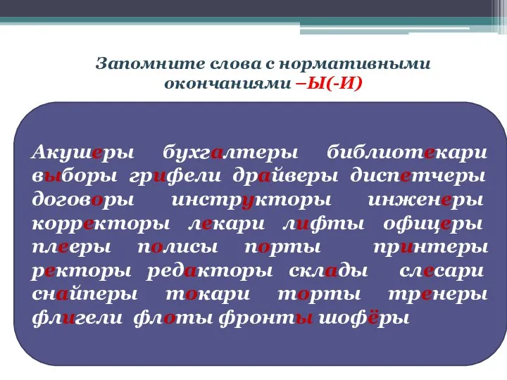 Запомните слова с нормативными окончаниями –Ы(-И) Акушеры бухгалтеры библиотекари выборы грифели