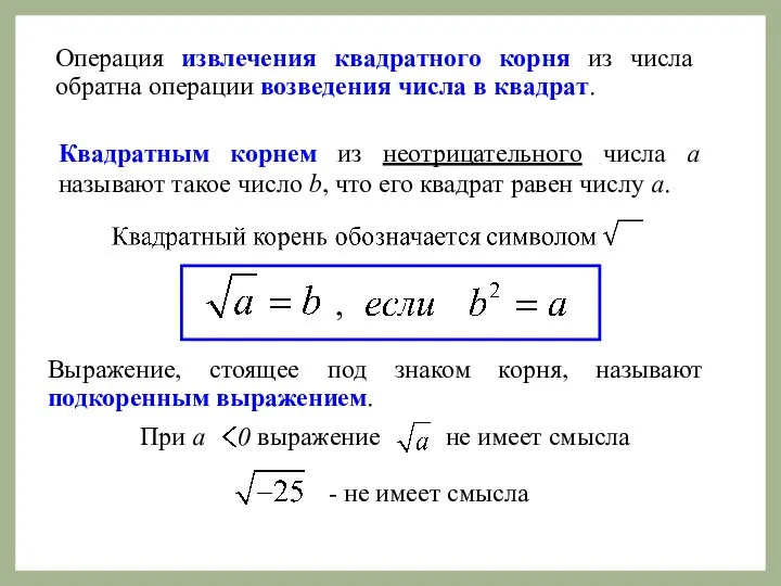 Выражение, стоящее под знаком корня, называют подкоренным выражением. Операция извлечения квадратного