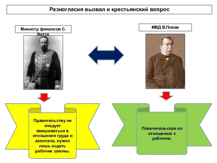 Разногласия вызвал и крестьянский вопрос Министр финансов С.Витте МВД В.Плеве Правительству