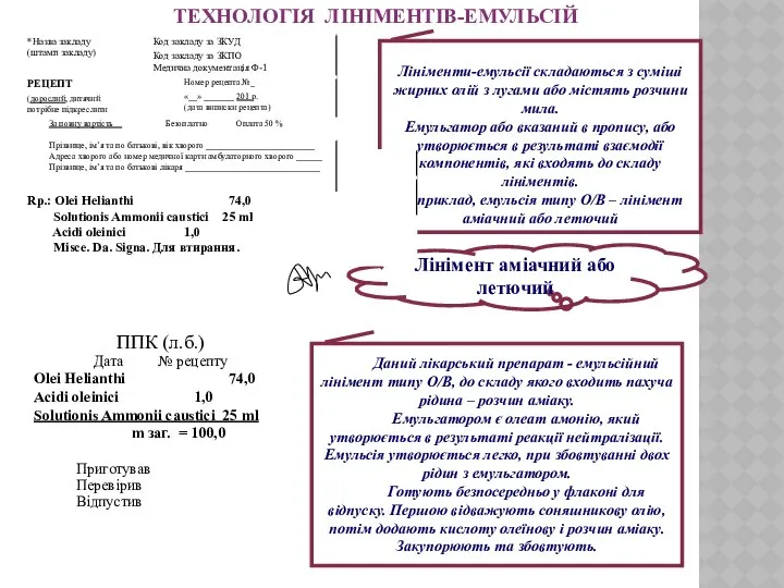 ТЕХНОЛОГІЯ ЛІНІМЕНТІВ-ЕМУЛЬСІЙ ППК (л.б.) Дата № рецепту Olei Helianthi 74,0 Acidi